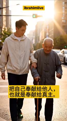 一个充满光彩的人正伸出手臂接纳世界，象征着幸福的建造与奉献