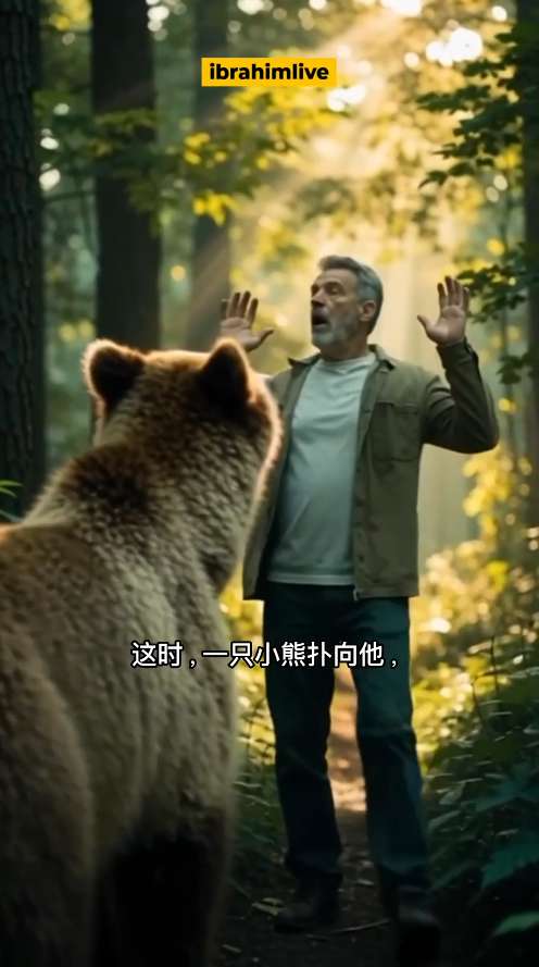 在静止的森林中，面临危机的男子向神圣之光祈祷的瞬间